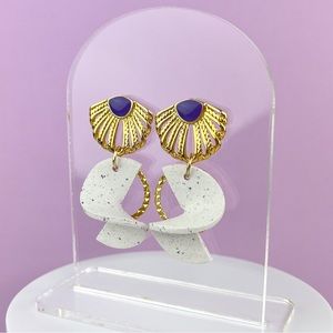 Swirly Granite Style Clay Earrings with Vintage Art Deco Style Gold
